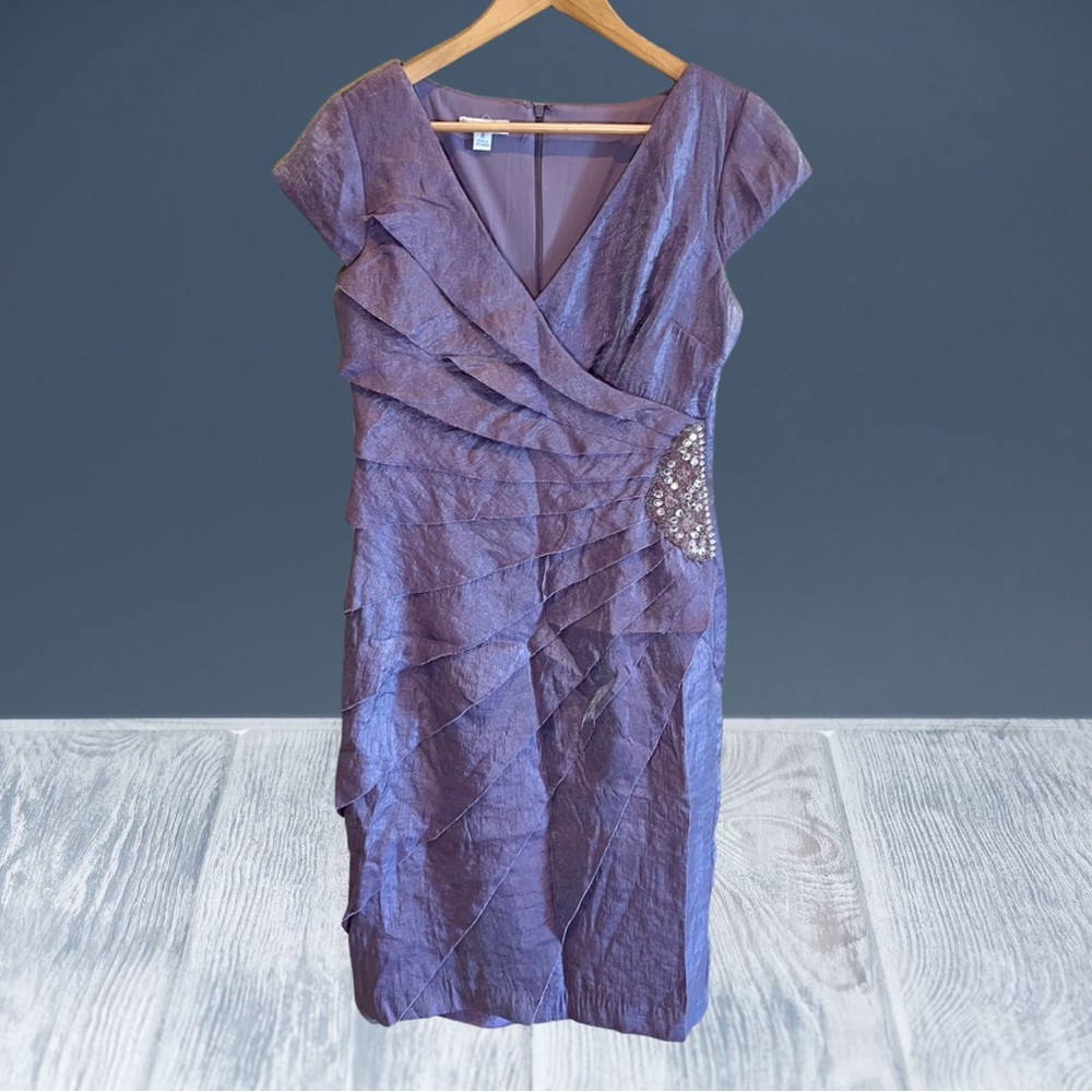 London Times Tiered Ruffles Cap Sleeve Purple Shimmer Knee Length Dress Size 8
